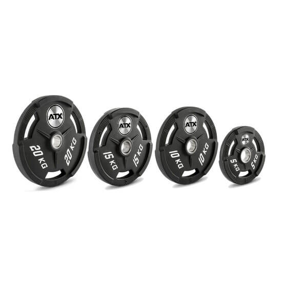 Set Disc olimpic, placa de greutate din poliuretan cu 3 manere de prindere, 100 kg, ATX®, Ø 50 mm, 5-20 kg