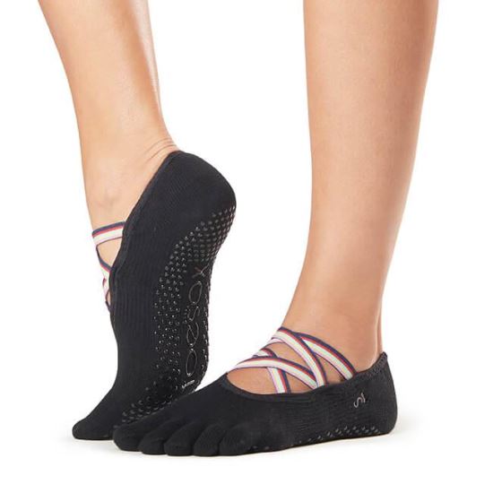 Sosete yoga, pilates, gimnastica ToeSox Full Toe Elle, cu elastic - Negru/Elastic Colorat