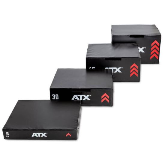 Set 4 cutii pliometrice fitness ATX® pentru atrenament functional, spuma rigida, 4 inaltimi, negru/rosu